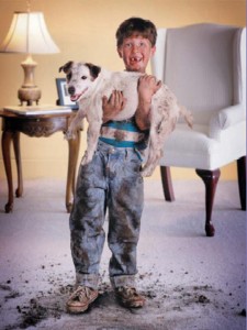 Boy holding a dirty dog over clean carpet